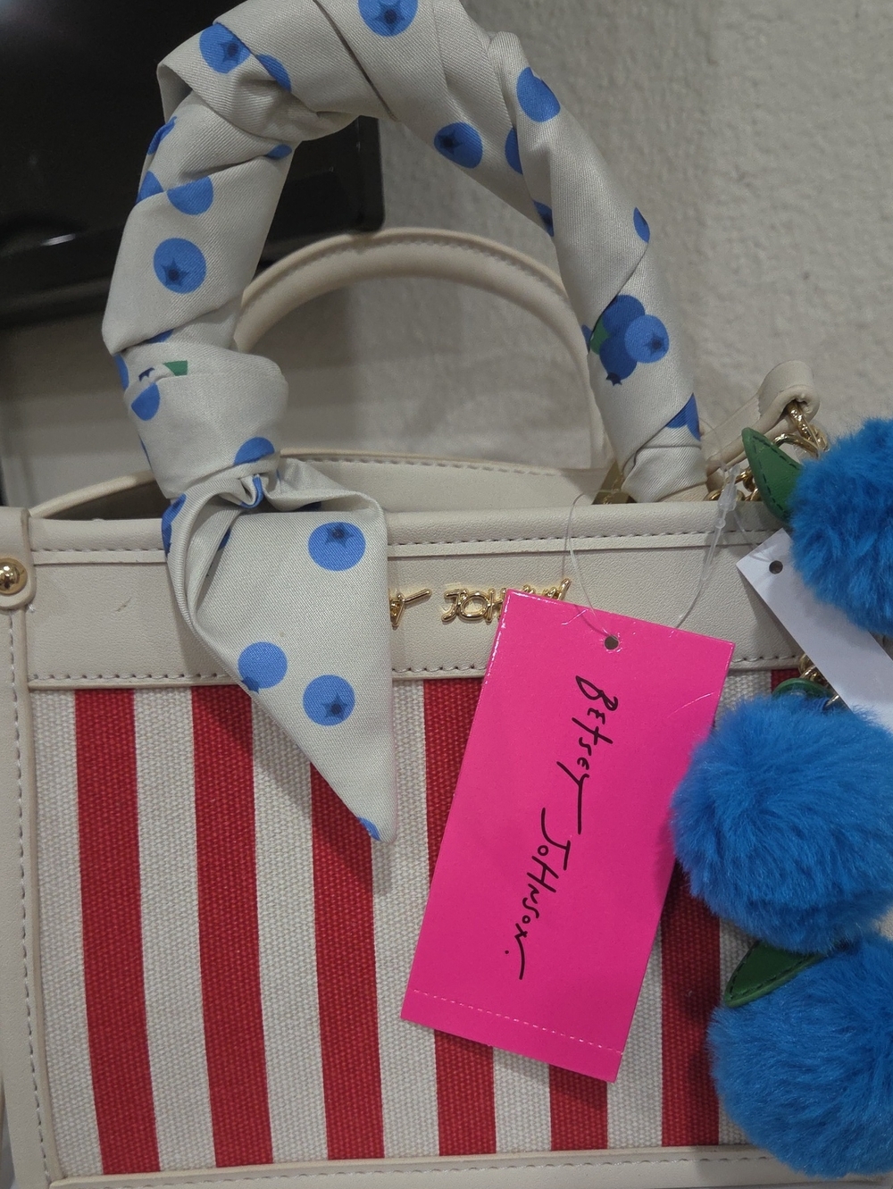 Betsey Johnson Cream, Red & Blue Striped Satchel with Pom Charm